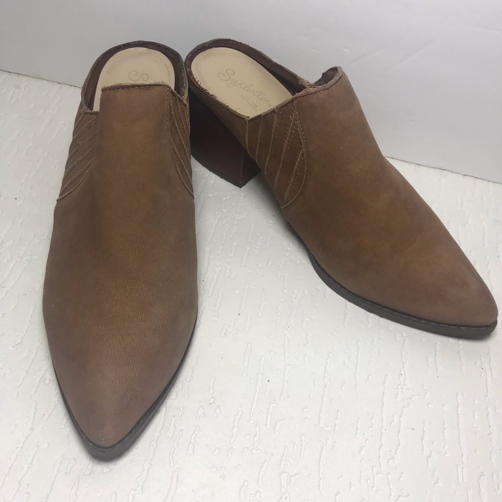 Seychelles leather mules dark tan  9 block heel